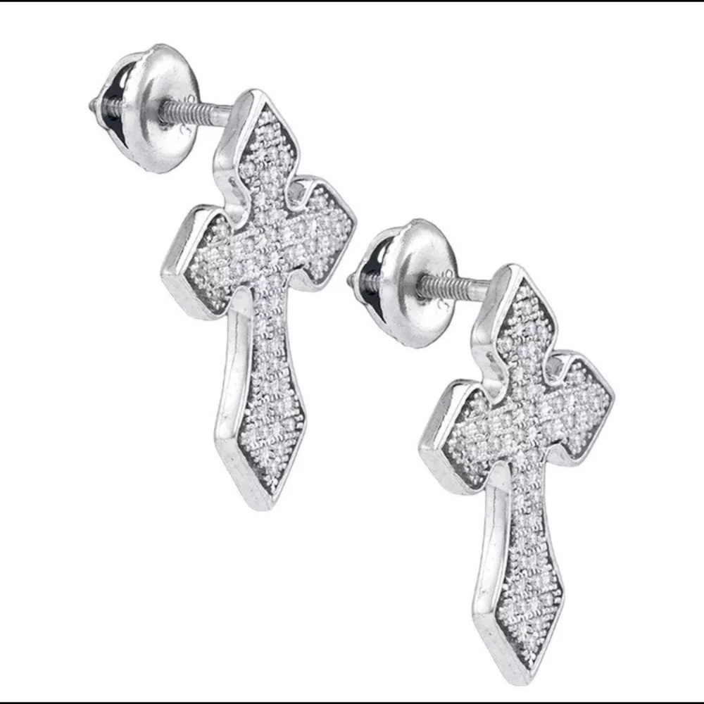 Sterling Silver Mens Diamond Cross Earring 1/5CTW